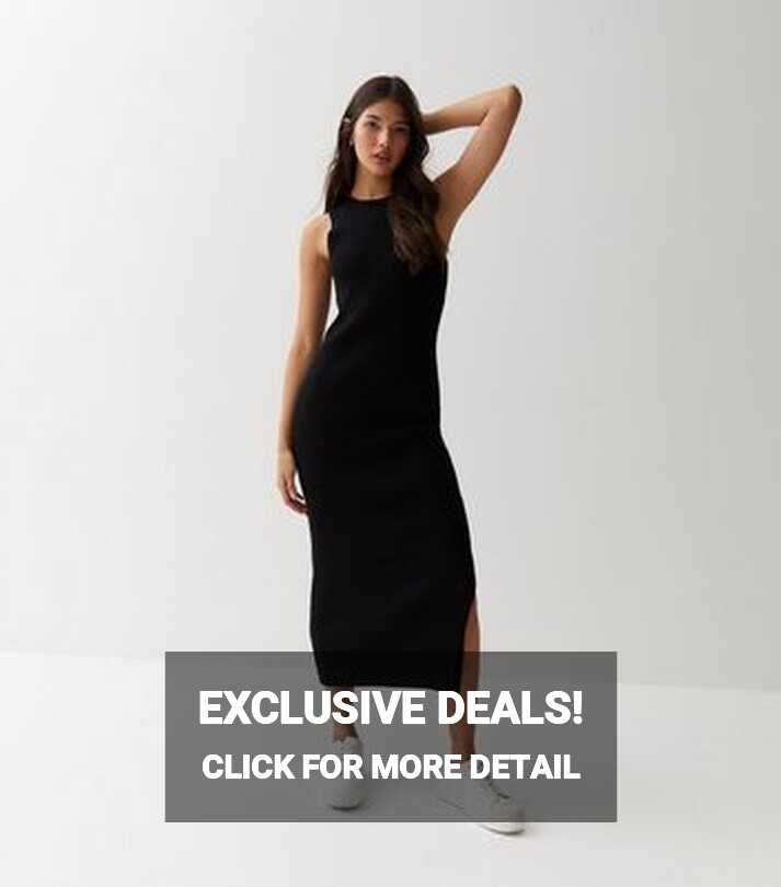 Black Ribbed Knit Sleeveless Midi Dress | New Look