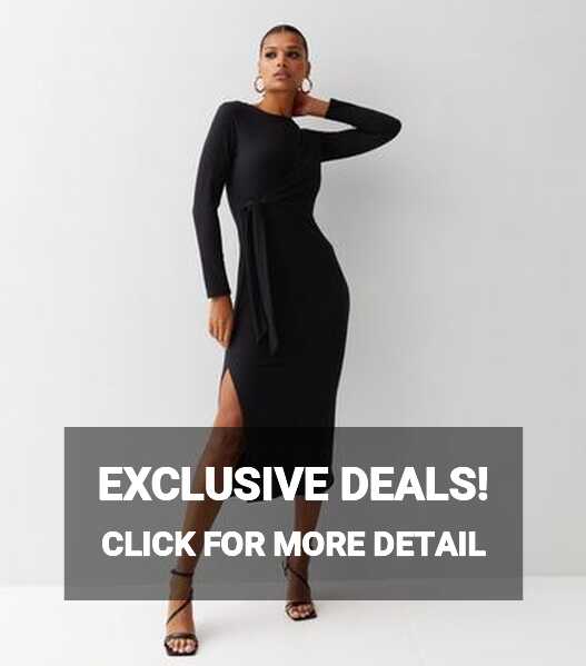 Black Ribbed Knit Tie Front Long Sleeve Midi Dress | New Look