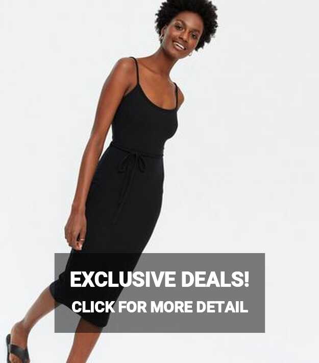 Black Ribbed Tie Waist Strappy Midi Dress | New Look