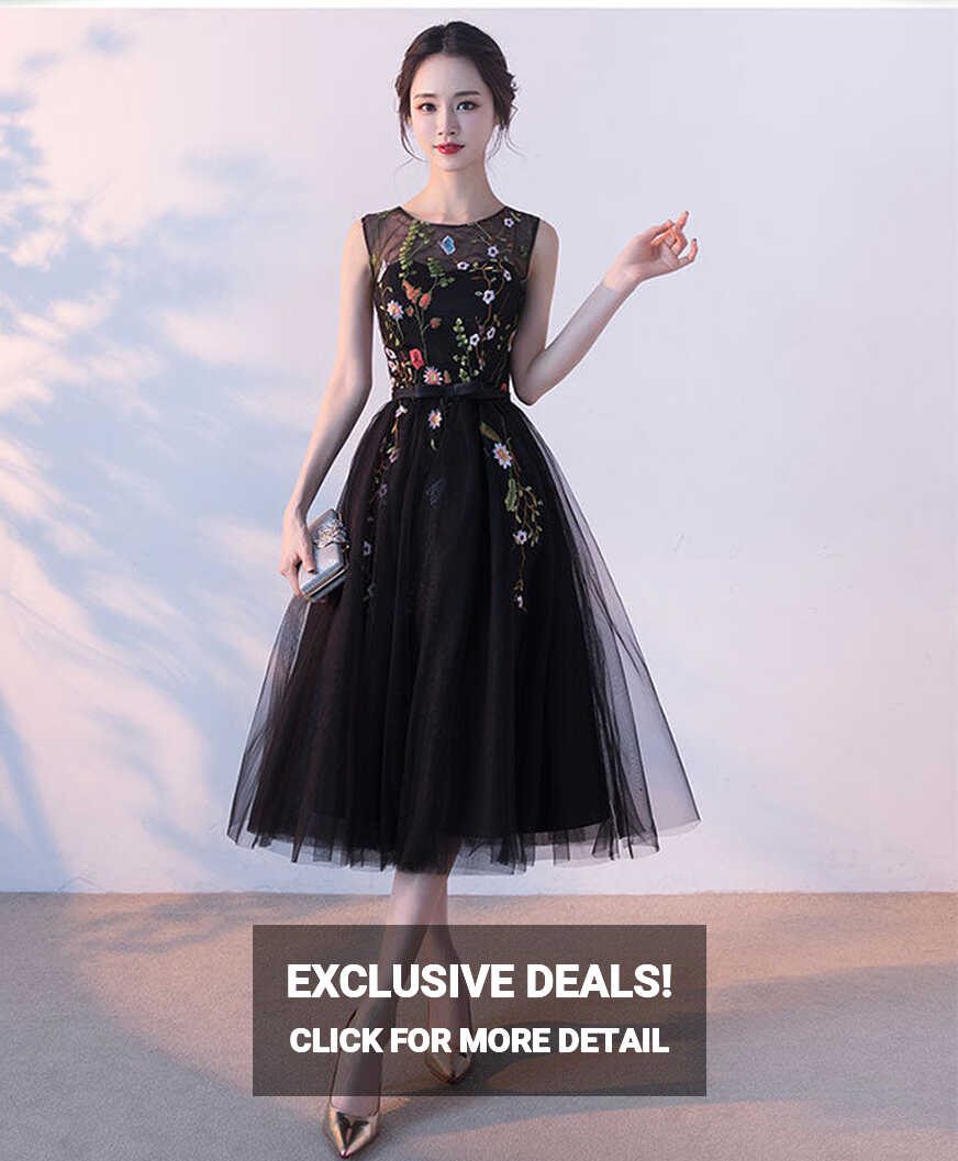 Black Round Neck Lace Tulle Short Prom Dress, Black Evening Dress ...