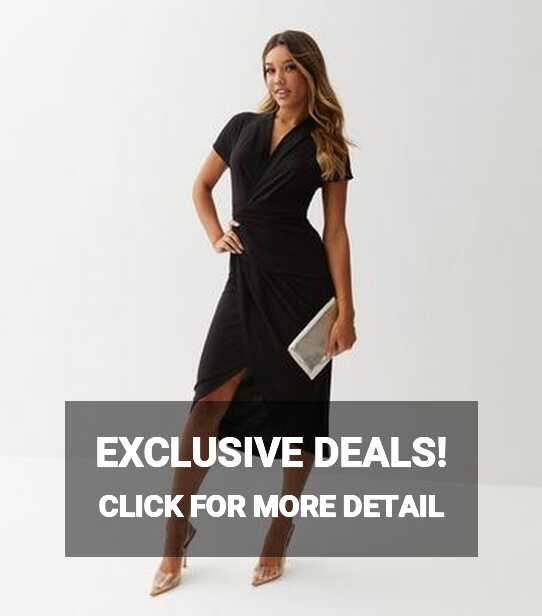 Black Ruched Front Wrap Midi Dress | New Look