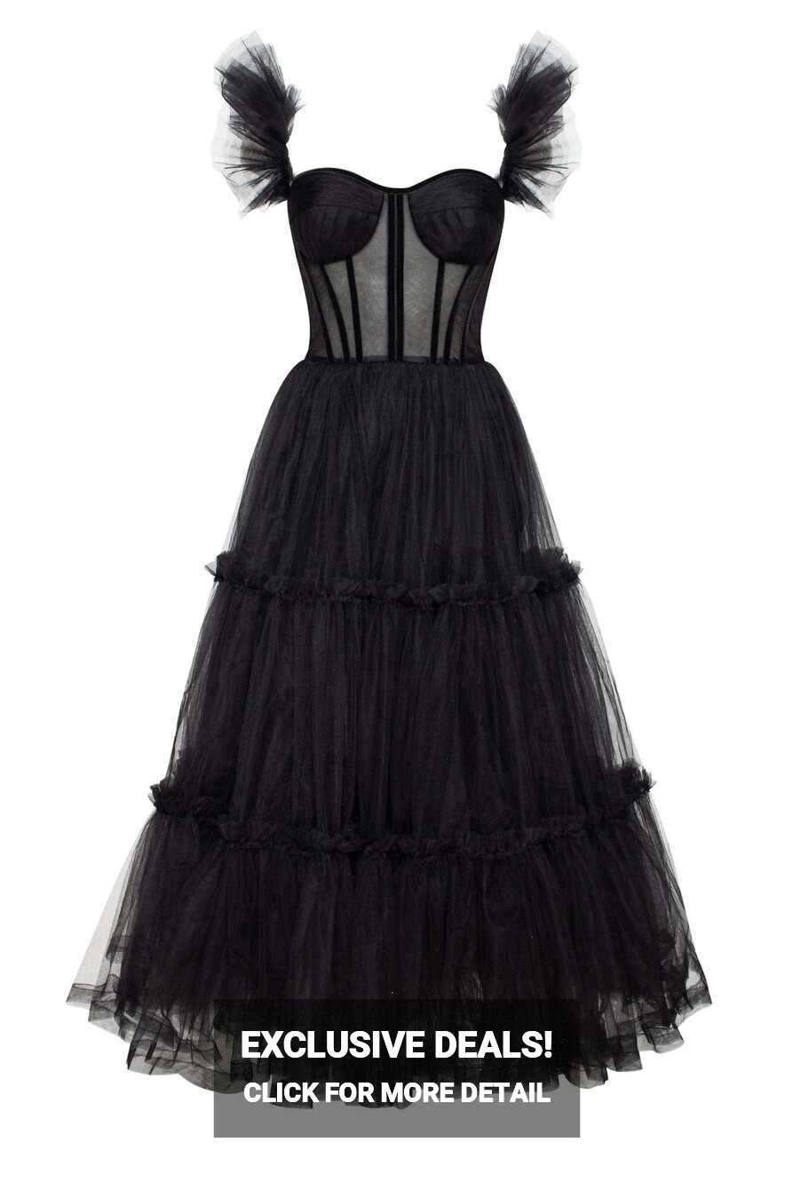 Black Ruffled Tulle Midi Dress ➤➤ Milla Dresses - USA, Worldwide ...