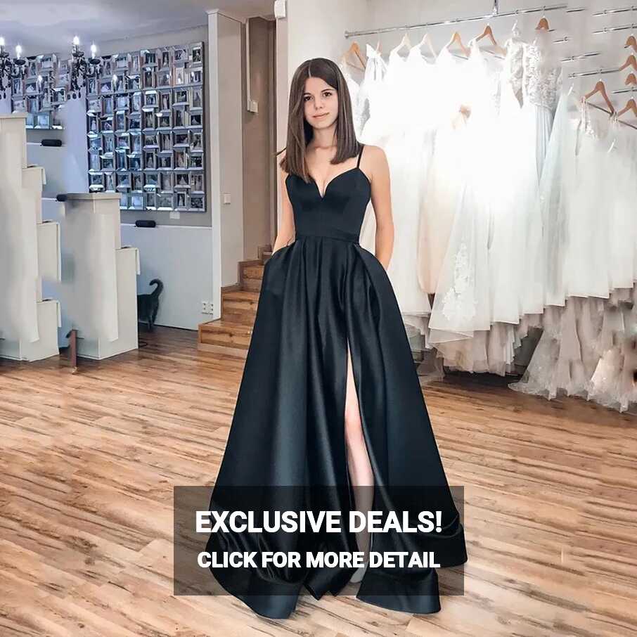 Black Satin A Line Long Black Evening Gowns With High Slit Elegant ...