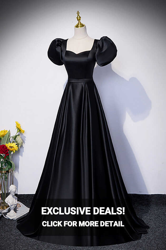 Black Satin Floor Length Prom Dress, Simple Black Short Sleeve Evening