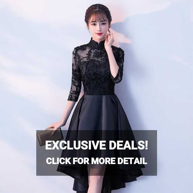 Black Satin and Lace High Neckline Cute Party Dresses, Black ...