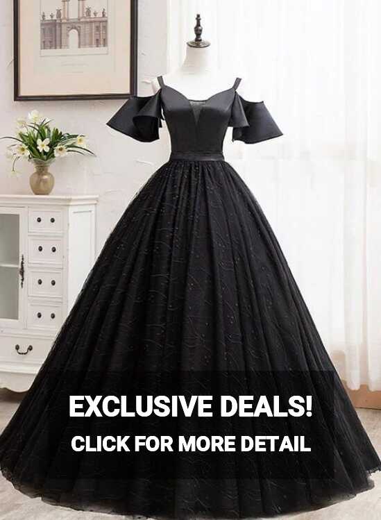 Black Satin and Tulle Ball Gown Off Shoulder Evening Dress Party ...