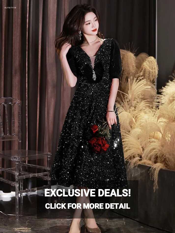 Black Sequin Black Glitter Cocktail Dress Elegant V Neck A Line ...