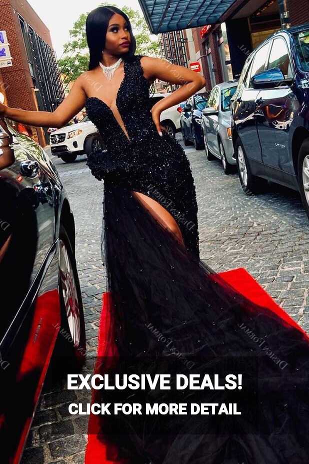 Black Sequin One Shoulder Slit Tulle Crafted Prom Dress