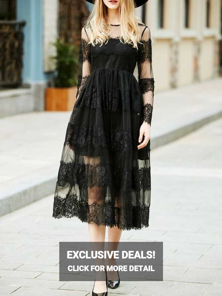 Black Sheer Gauze Lace Long Dress