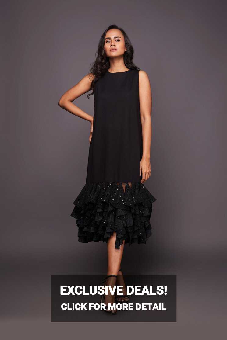 Black Shift Dress With Sequin Ruffled Bottom – Deepika Arora