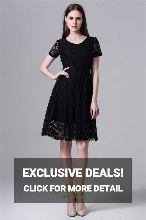 Black Simple Short Sleeve A-Line Knee Length Lace Overlay ...