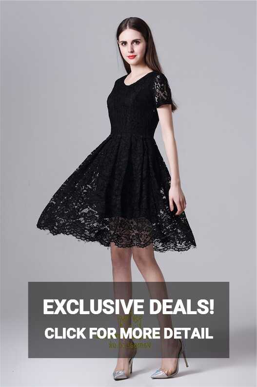 Black Simple Short Sleeve A-Line Knee Length Lace Overlay Casual Dress