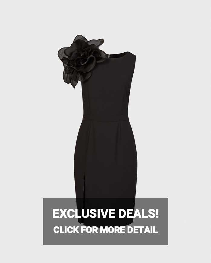 Black Sleeveless Knee-Length Dress With Statement Silk Flower ...