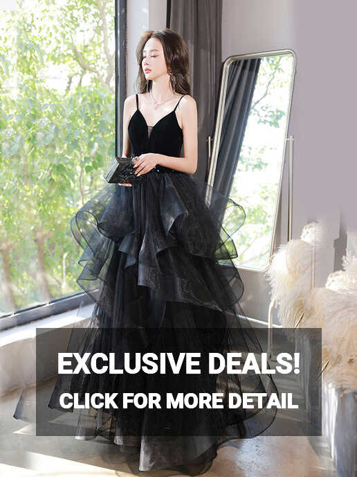 Black Spaghetti Strap Ruffle Skirt Tiered Prom Dress