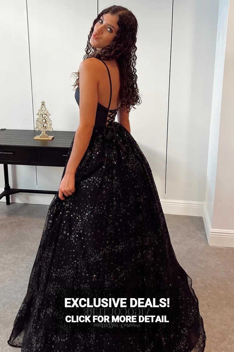 Black Sparkly Tulle Prom Dresses Spaghetti Strap Formal Gown 21882 ...