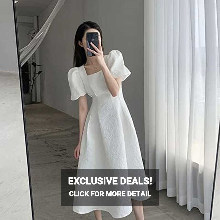 Black Summer Dress Elegant Fashion Square Neck Puff Sleeve Korean ...