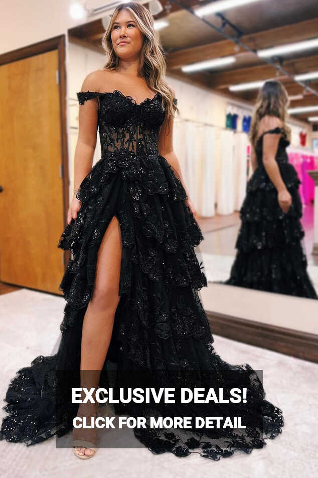 Black Tulle Appliques Off-the-Shoulder Ruffle Long Prom Dress ...