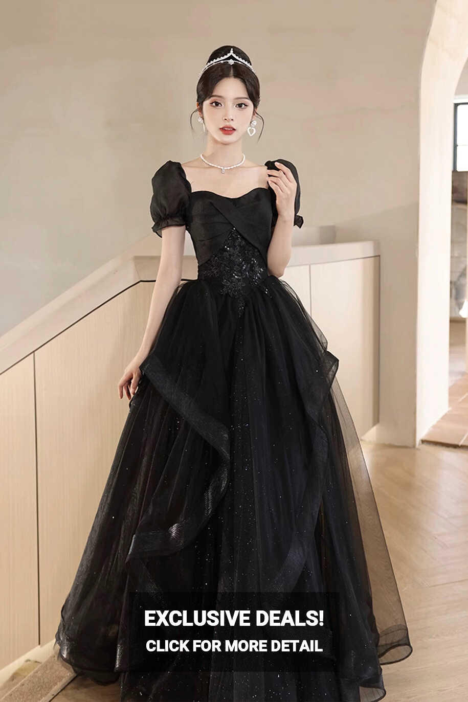 Black Tulle Lace Short Sleeve Floor Length Prom Dress, Black A-Line Ev