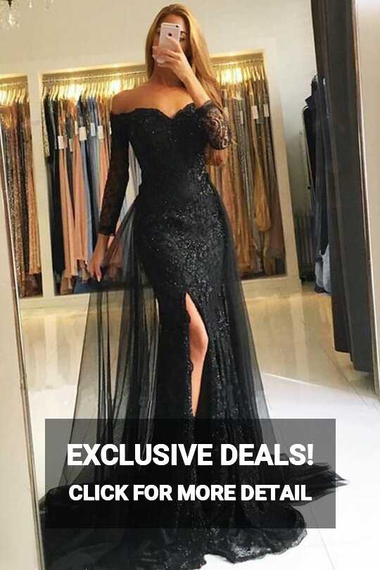 Black Tulle Off-the-Shoulder Long Sleeves Prom Dress Lace Sequins