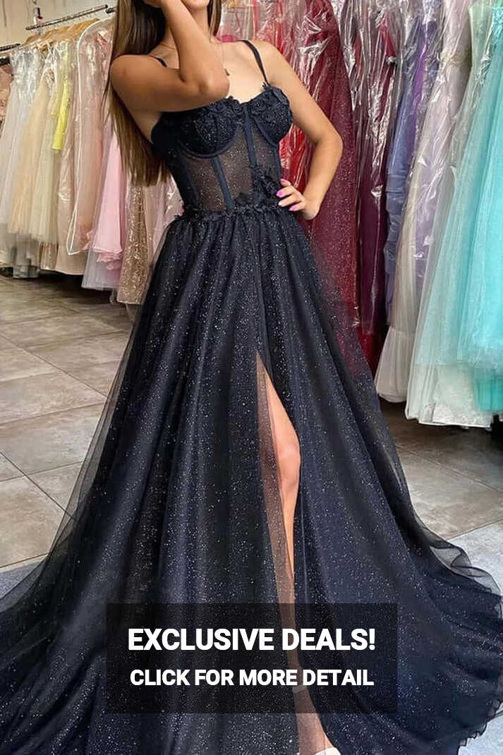 Black Tulle Sweetheart Spaghetti Straps Prom Dress MP699 | Musebridals