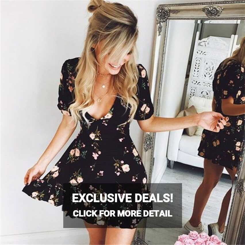 Black V Neck Floral Mini Dress