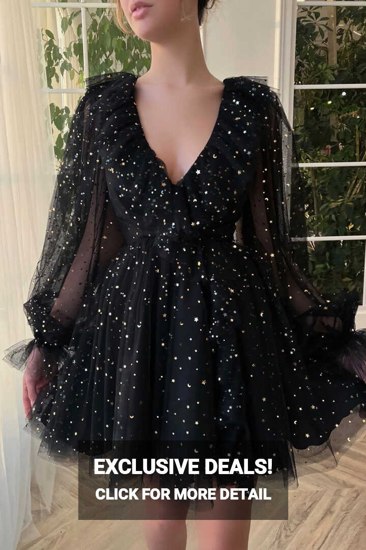 Black V-Neck Tulle Short Prom Dress, Cute A-Line Long Sleeve Party Dre