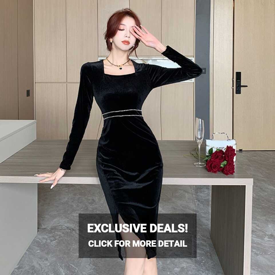 Black Velvet Bodycon Knee-length Full Sleeve Dress With Rhinestone ...