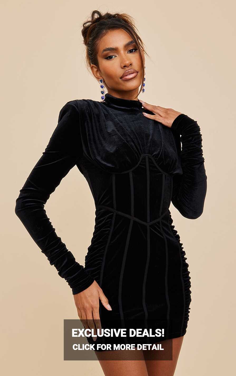 Black Velvet High Neck Long Sleeve Bodycon Dress ...