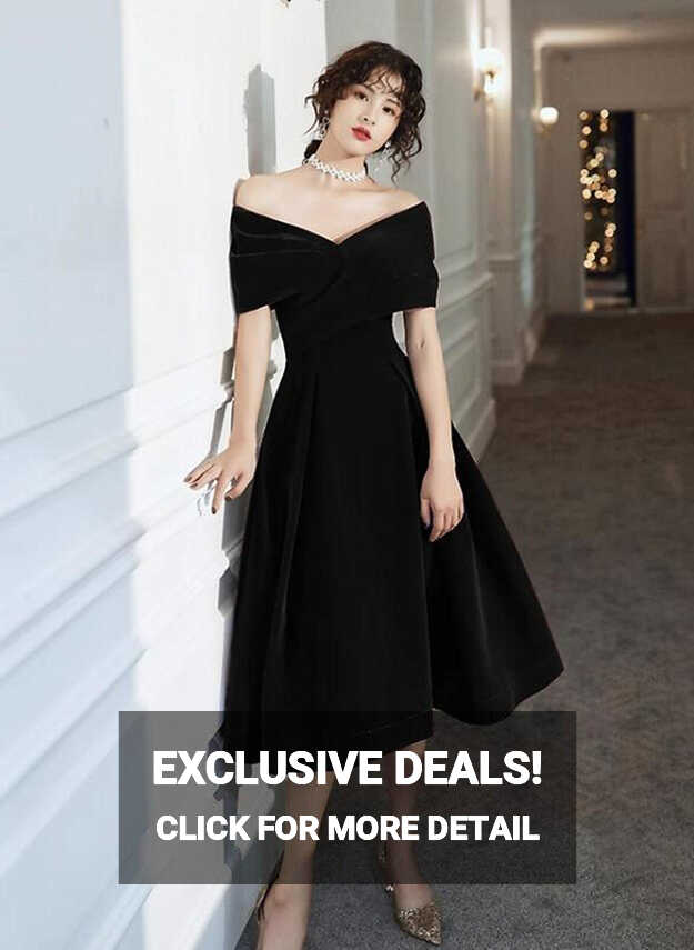 Black Velvet Tea Length Black Off Shoulder Party Dress, Black ...