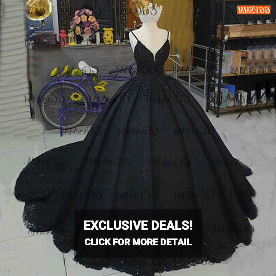 Black Wedding Dresses Spaghetti Strap Beading Bridal Ball Gown ...