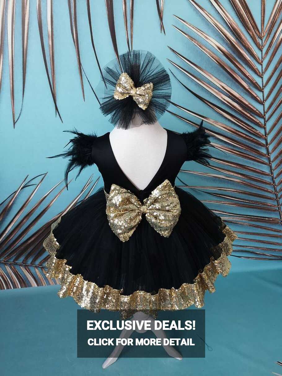 Black and Gold Flower Girl Dress, Sequin Baby Party Gown, 1st ...