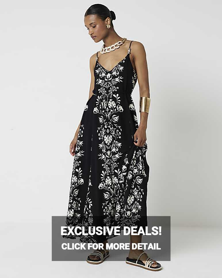 Black floral beaded swing maxi dress | River Island