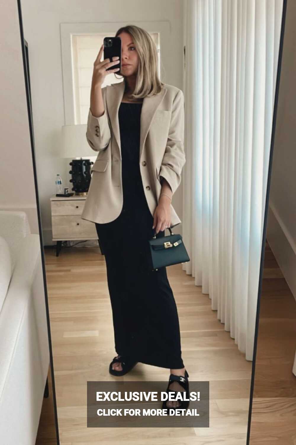 Black long dress with blazer and mini bag | Ashley Robertson