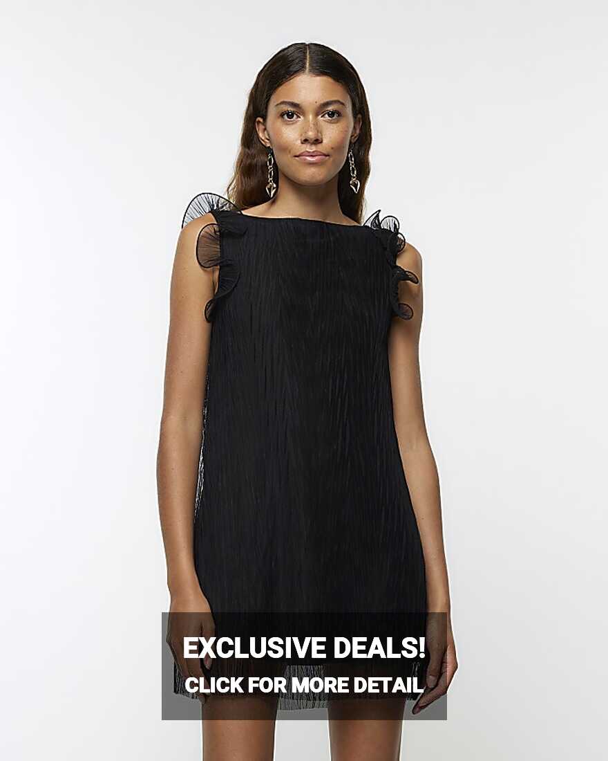 Black ruffle plisse mini dress | River Island