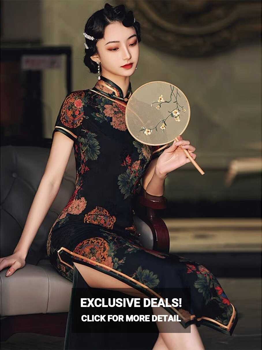 Black silk Cheongsam, Chinese traditional silk dress, black silk ...