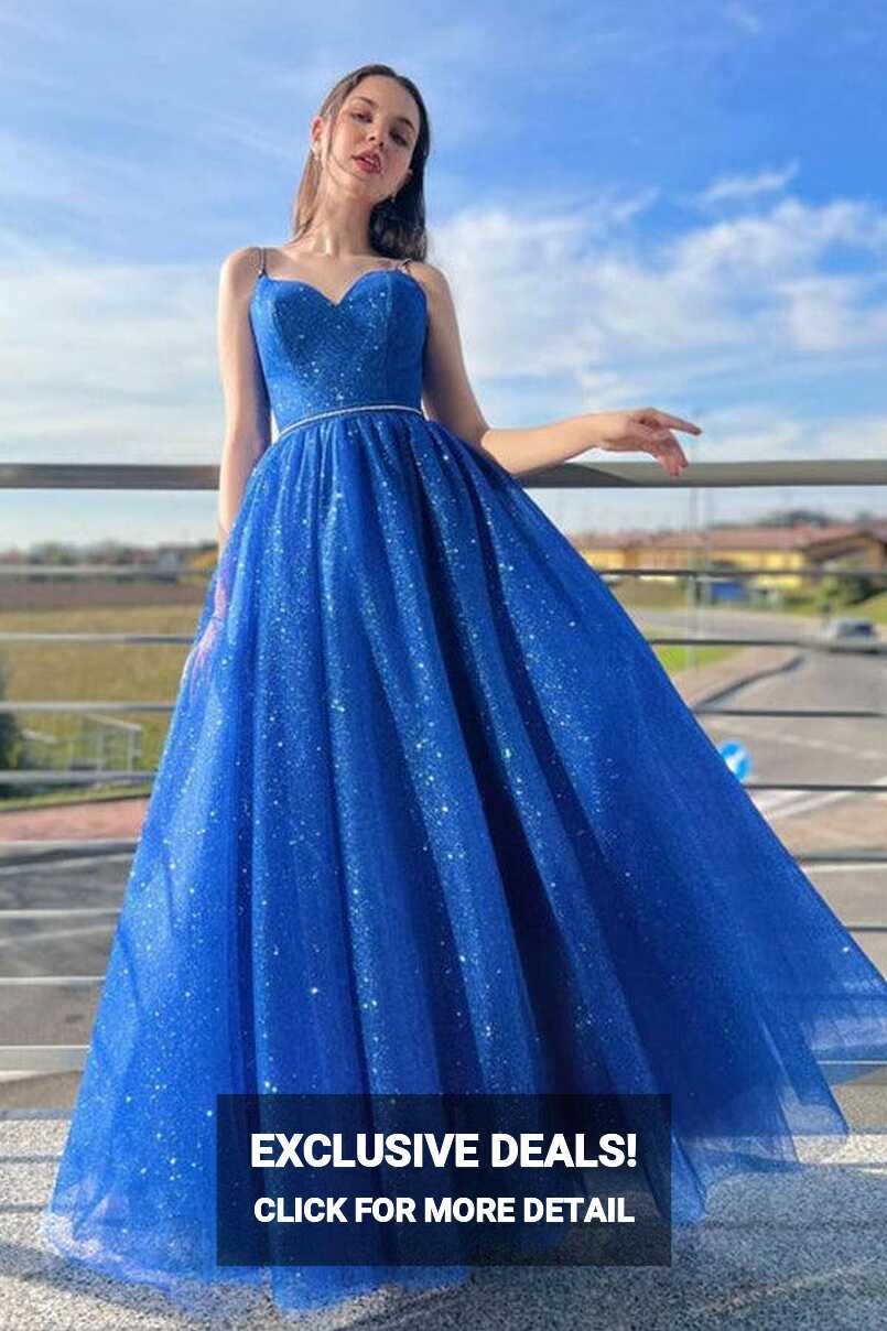 Blue A-Line Tulle Long Prom Dress Sparkly Formal Evening Dresses ...