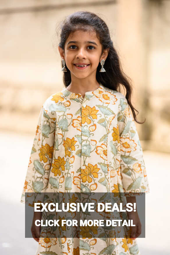 Blue And Yellow Floral Embellished Cotton Girl&#39;s Kurti