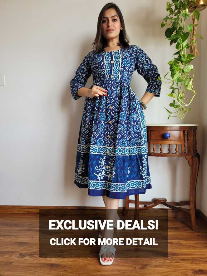 Blue Bagru Print Summer Cotton Dress| Summer Cotton Dress | Jhakhas