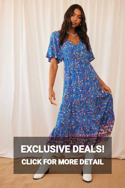 Blue Boho Maxi Dress Short Sleeve V-Neck | Ally Fashion