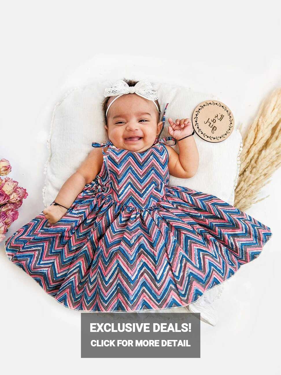 Blue Cotton Zigzag Baby Girl Dress with Tieup Strings - Halemons