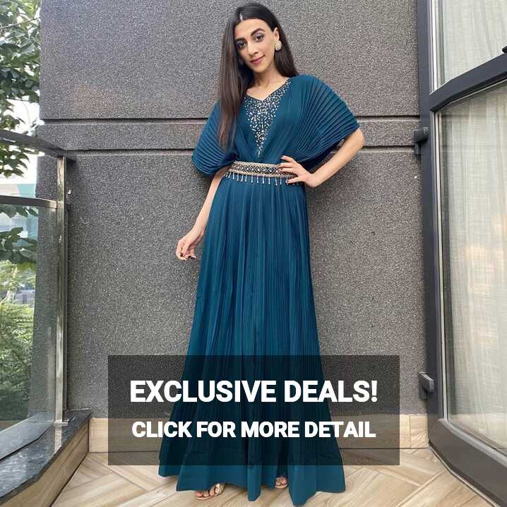 Blue Embellished Georgette Gown With Belt