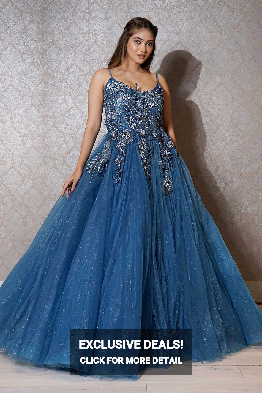 Blue Flared Designer Gown in Net with 3D Patch Work