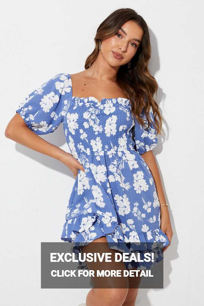 Blue Floral Dress Short Sleeve Skater Floral Print | Ally Fashion