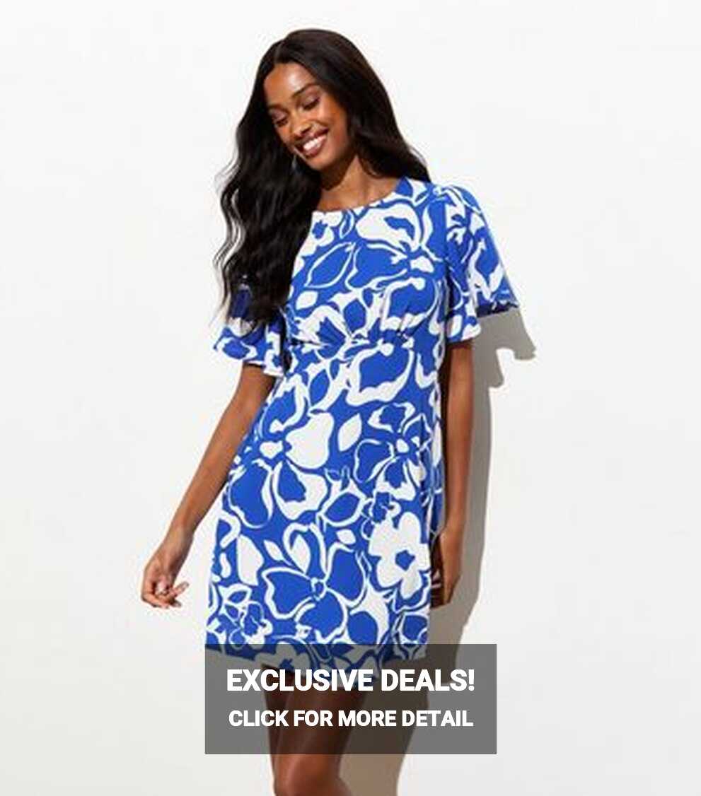 Blue Floral Flounce-Sleeve Mini Dress | New Look