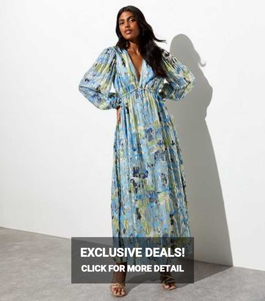 Blue Floral Foil V Neck Long Sleeve Maxi Dress | New Look