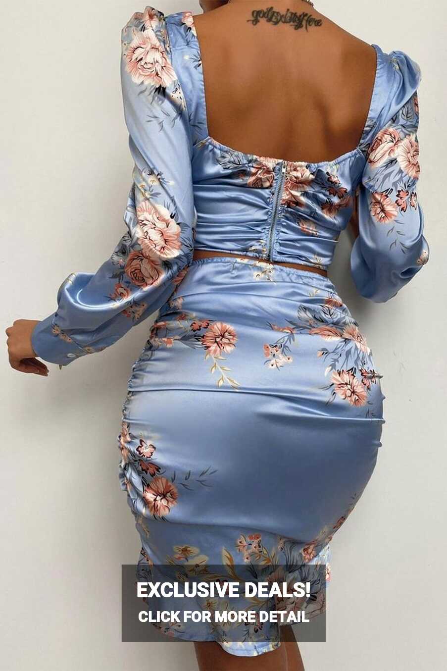 Blue Floral Print Satin Ruffle Two Piece Dress - S / Blue