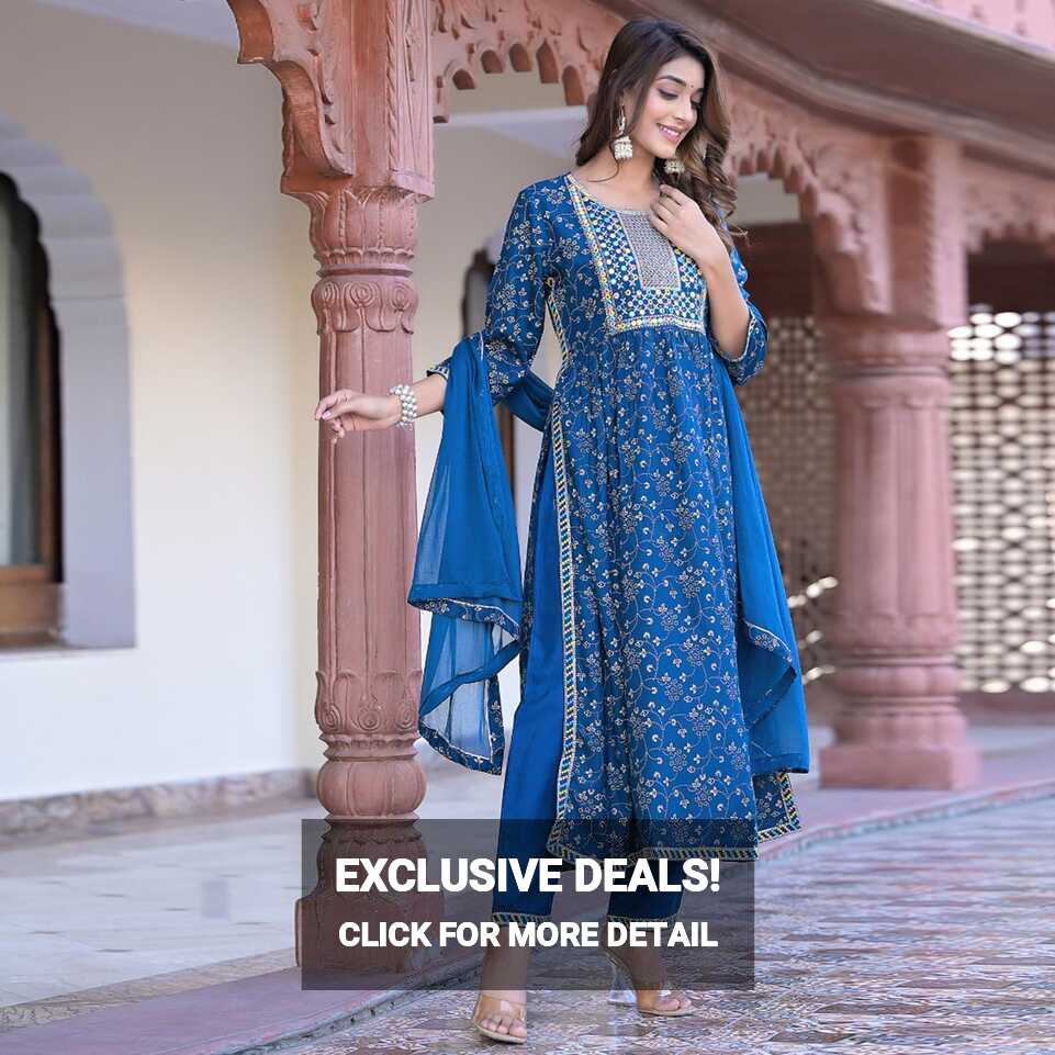 Blue Floral Printed Pure Cotton Naira Cut Suit