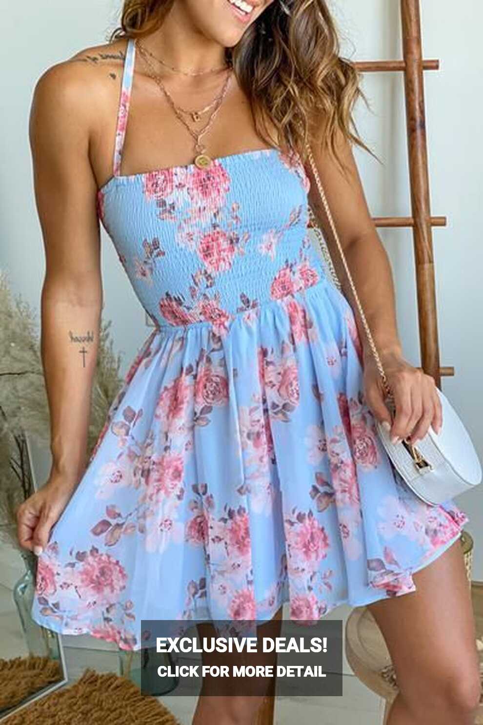 Blue Floral Smocked Top Short Dress