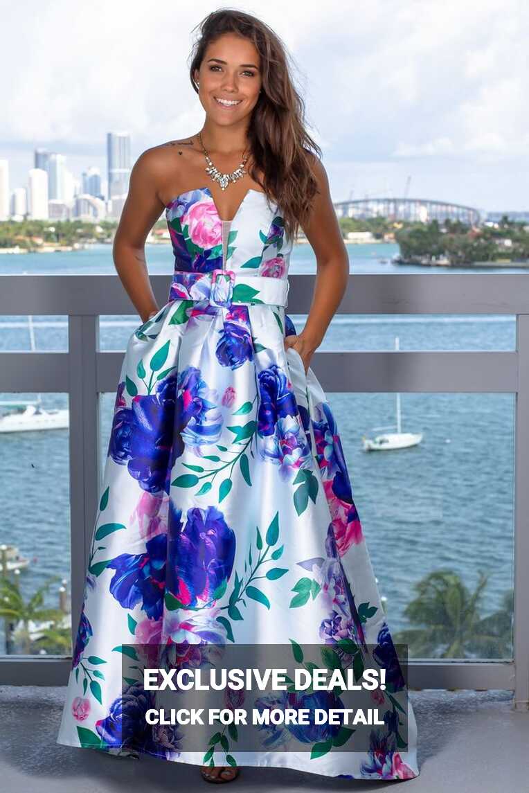 Blue Floral Strapless Maxi Dress with Belt