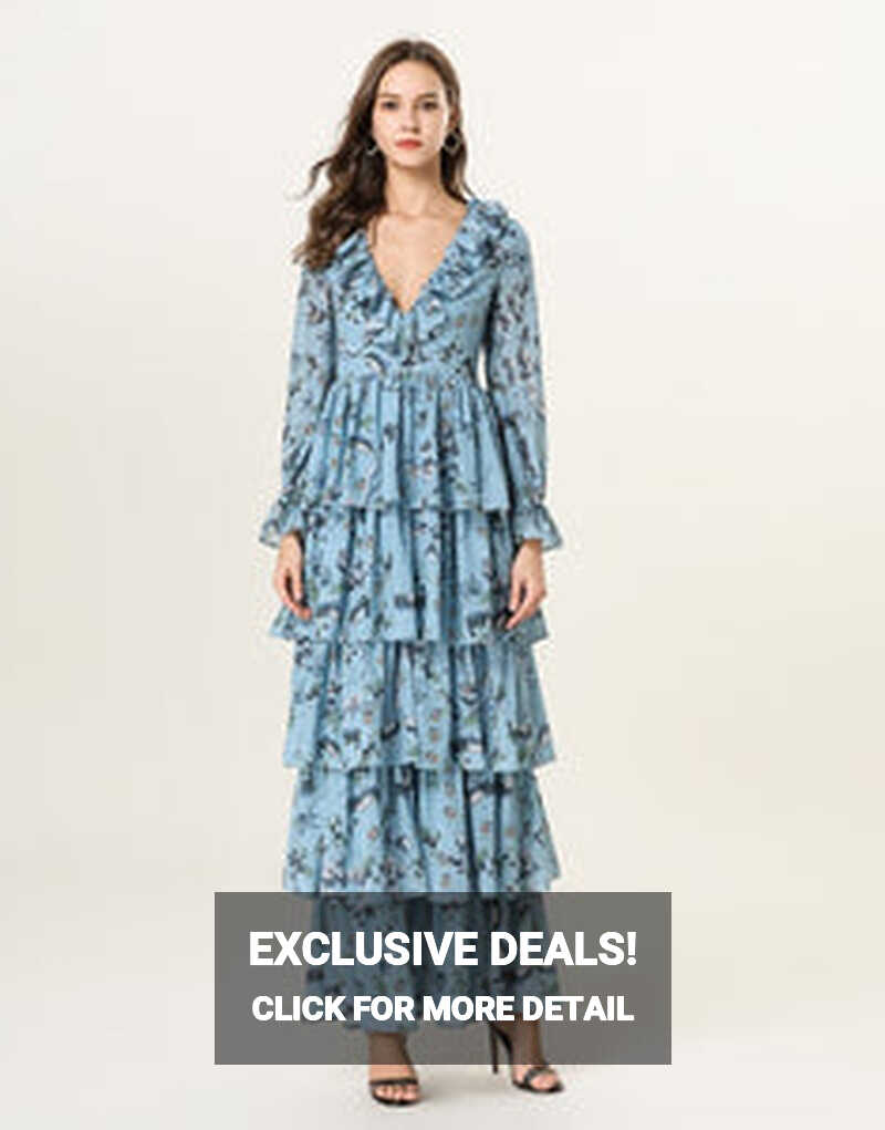 Blue Floral v neck long sleeved Tiered ruffle maxi dress – Comino ...